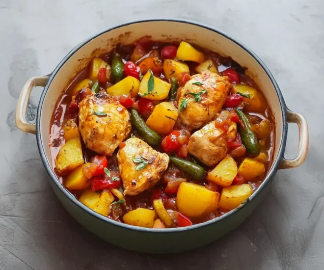 Poulet mijoté aux poivrons et pommes de terre fondantes : un plat complet en sauce tomate