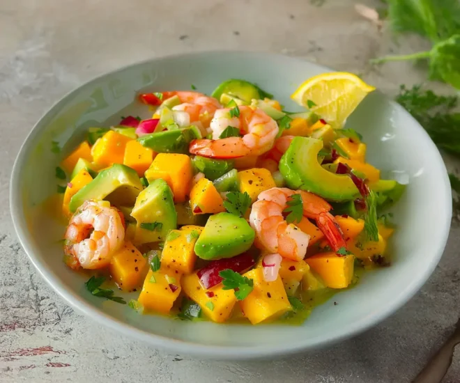 🥗 Salade Avocat, Mangue et Crevettes : Fraîcheur Exotique en 10 Minutes