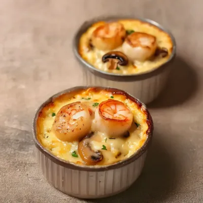 Cassolette de Saint-Jacques aux Crevettes et Champignons