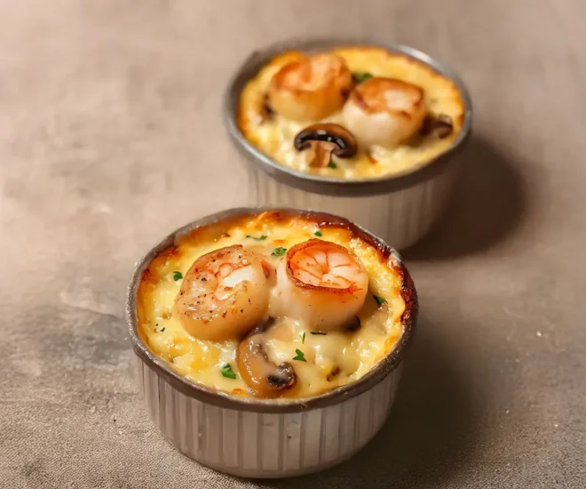 Cassolette de Saint-Jacques aux Crevettes et Champignons