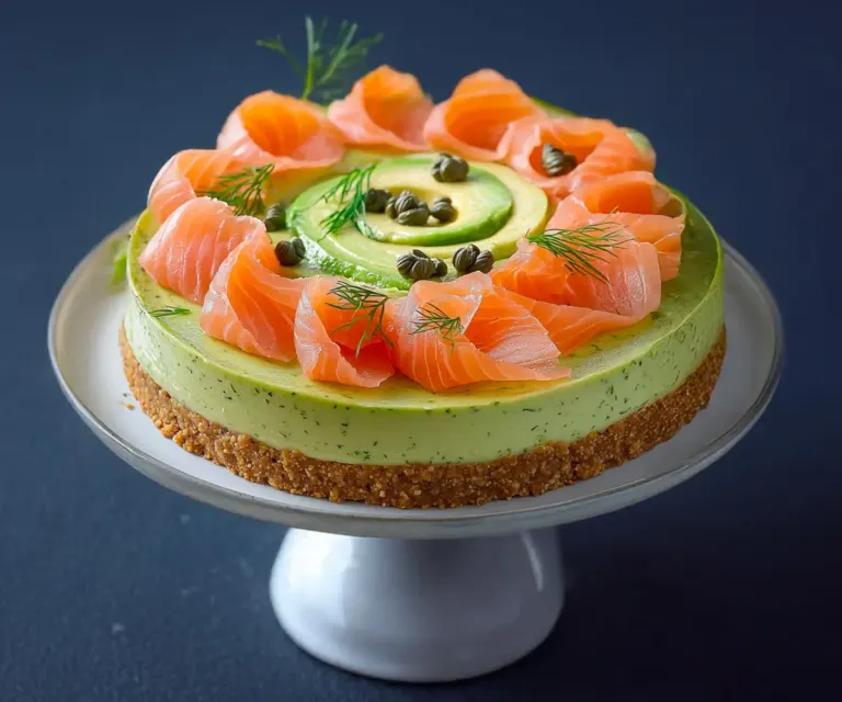 Cheesecake Salé Avocat & Saumon : L’Entrée Élégante et Crémeuse 🌿🍣🍰