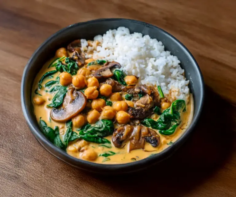 Curry Crémeux aux Champignons, Épinards & Pois Chiches