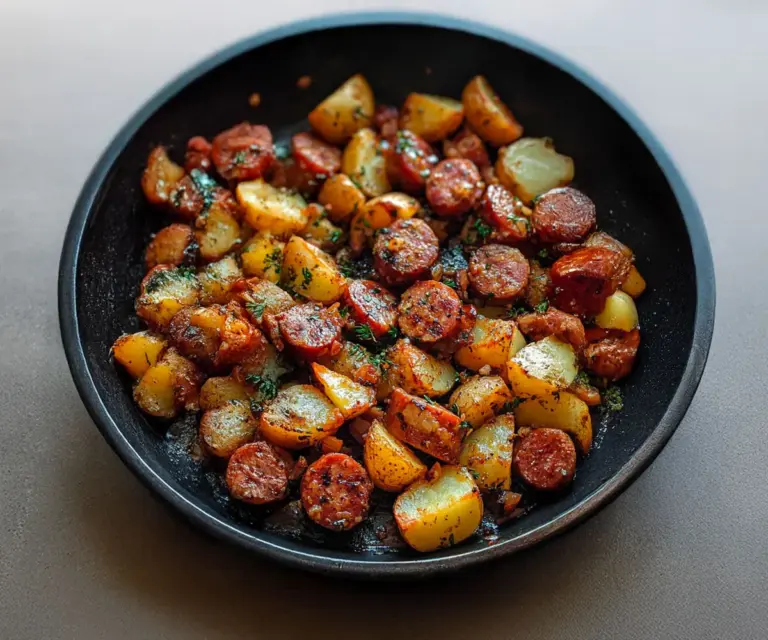 Poêlée rustique de pommes de terre et saucisses fumées