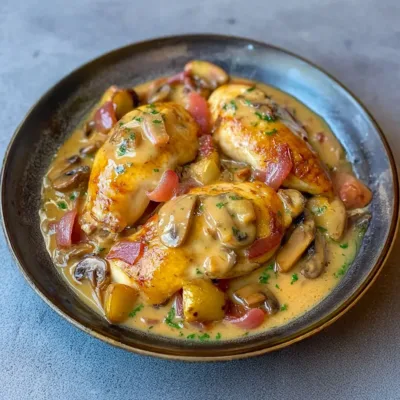 Poulet à la crème de champignons et lard fumé