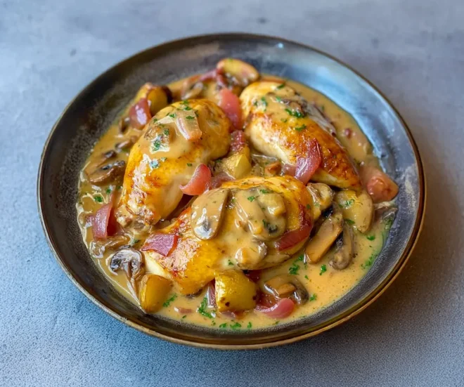 Poulet à la crème de champignons et lard fumé – Un classique fondant et savoureux 🍄🍗