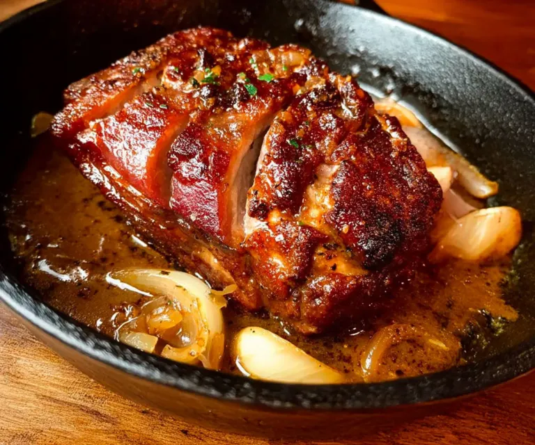 Rouelle de porc confite à la sauce ail et oignons : le régal rustique qui fond dans la bouche