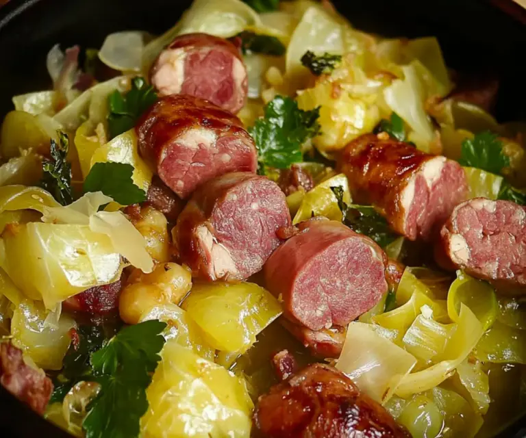 🥘 Chou Vert Braisé aux Saucisses – Un Régal Rustique et Réconfortant