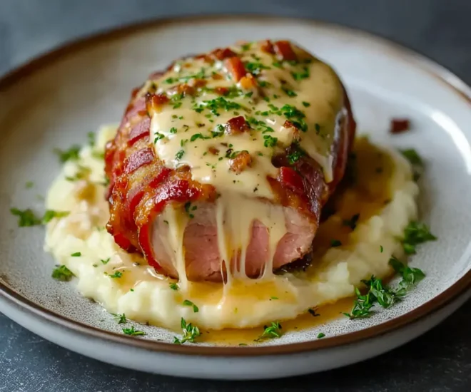 Filet Mignon de Porc Tendre au Boursin, en Habit de Lard et Purée Maison
