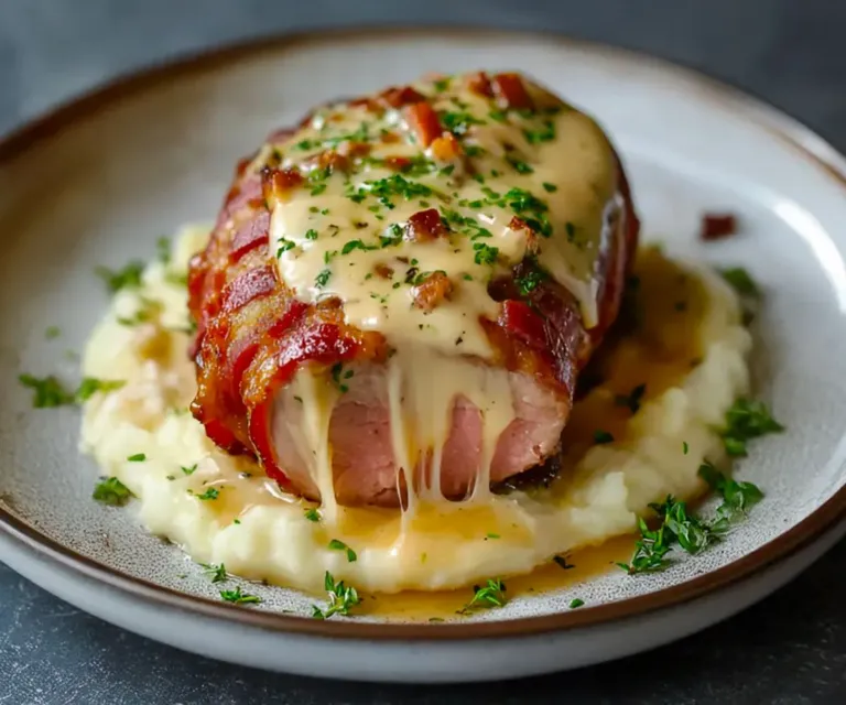 Filet Mignon de Porc Tendre au Boursin, en Habit de Lard et Purée Maison