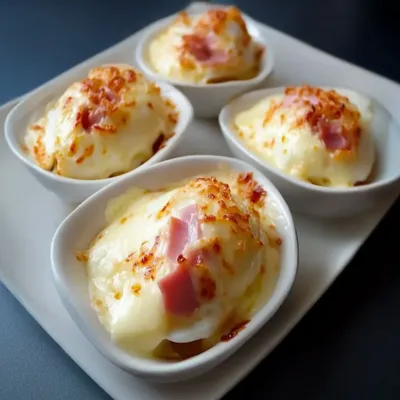 Œufs cocotte béchamel, jambon et fromage gratiné