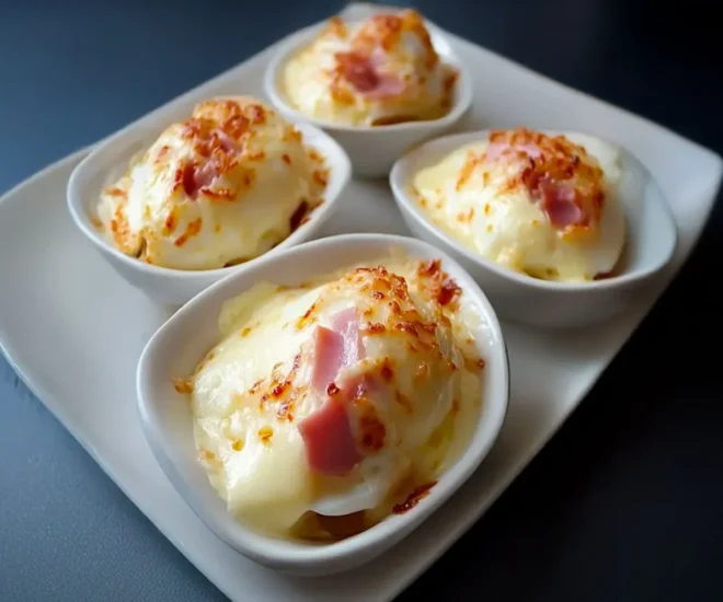 Œufs cocotte à la béchamel, jambon et fromage gratiné