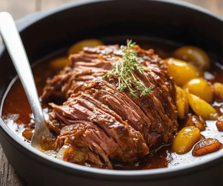 Bœuf Effiloché Fondant aux Oignons et Bouillon Savoureux