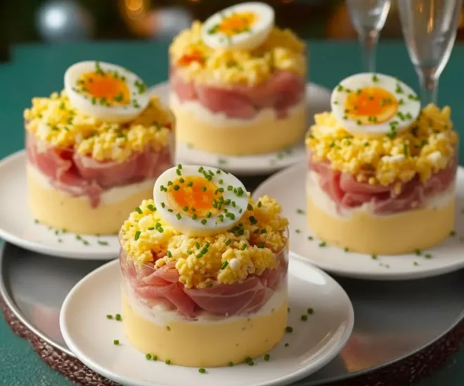 Verrines salées façon mimosa au jambon et œuf – Élégance en bouchée