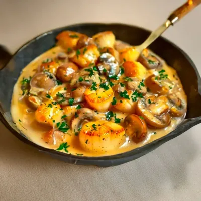 Fricassée de pétoncles aux champignons et crème