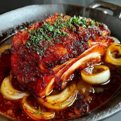 Jarret de porc rôti caramélisé aux oignons