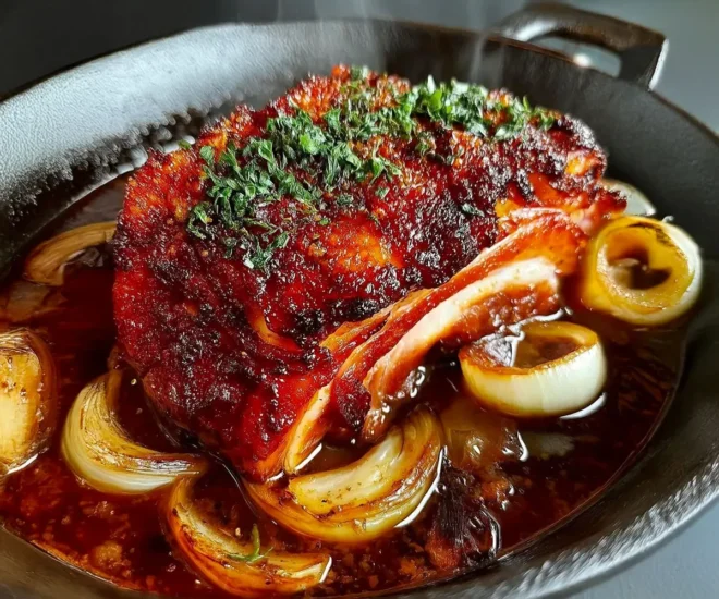 🍖 Jarret de porc rôti caramélisé aux oignons et herbes