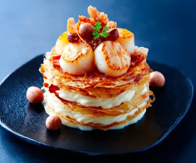 Millefeuille de Saint-Jacques, crème de panais, noisettes & chips de chorizo