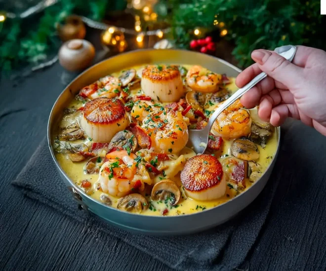 Saint-Jacques et Crevettes en Sauce Crémeuse aux Champignons et Lardons