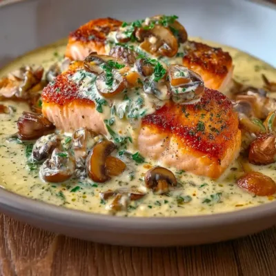 Saumon à la Crème, Ail et Champignons