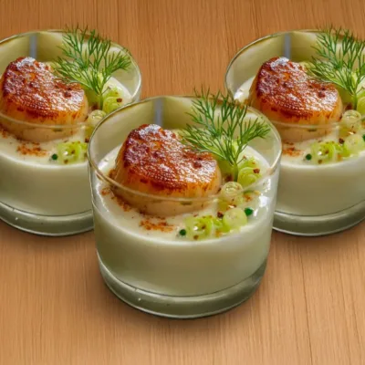 Verrine de Saint-Jacques et velouté de poireaux