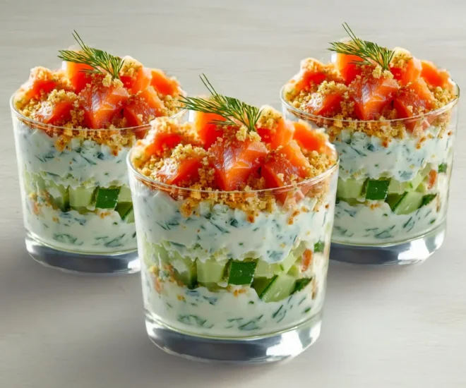 Verrine fraîche au saumon fumé, concombre et fromage frais
