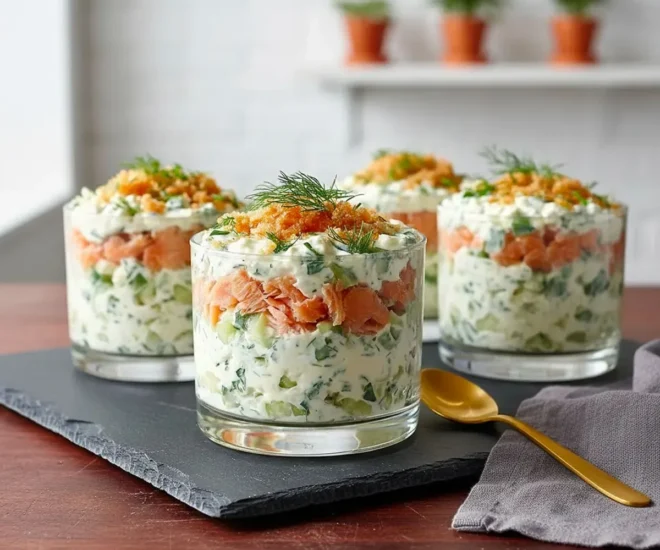 Verrines de saumon fumé, concombre & crème à l’aneth 🐟