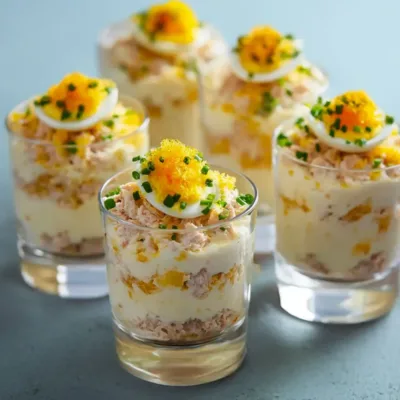 Verrines thon, œufs mimosa et mayonnaise : fraîcheur rapide