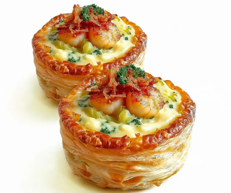 Vol-au-vent aux Saint-Jacques, fondue de poireaux & crème au beurre citronné