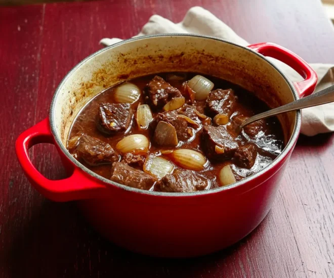 Bœuf mijoté aux oignons confits : un plat rustique et fondant à souhait 🍷🧅