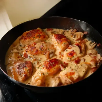 Émincés de poulet crémeux à la moutarde et lardons