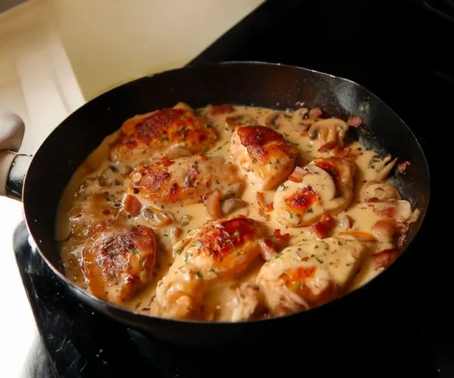 Émincés de poulet crémeux à la moutarde, lardons et champignons 🍄🥓