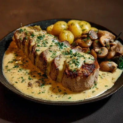 Filet mignon de porc aux champignons crémeux