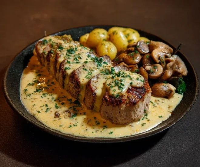 Filet mignon de porc aux champignons crémeux