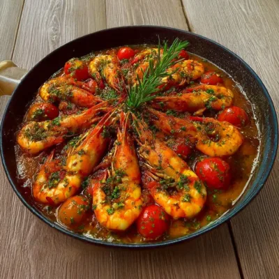Gambas poêlées à l’ail et tomates du Sud