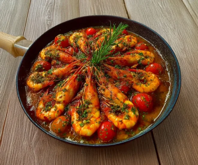 🌿 Gambas poêlées à l’ail, tomates et herbes du Sud