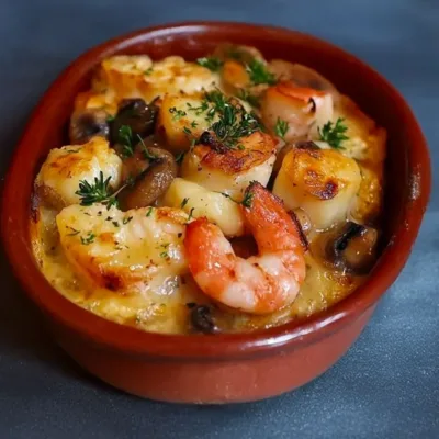 Gratin Crémeux Crevettes & Champignons : Recette Facile