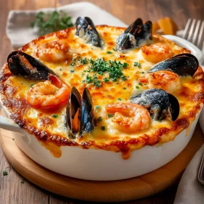 Gratin de fruits de mer à la crème et au fromage