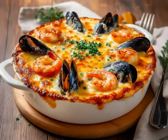 Gratin de fruits de mer à la crème et au fromage