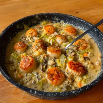 Noix de Saint-Jacques poêlées à la crème de poireaux