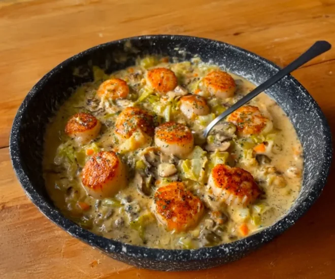Noix de Saint-Jacques poêlées à la crème de poireaux et champignons