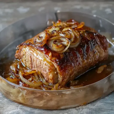 Rôti de Porc Caramélisé au Miel et Oignons Dorés