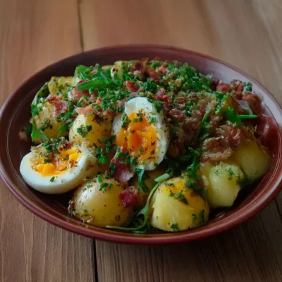 Salade tiède de pommes de terre et œufs mollets