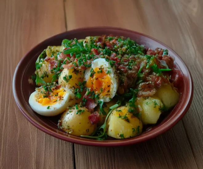 🥔 Salade tiède de pommes de terre, œufs mollets et lardons fumés