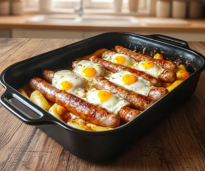 Saucisses au Four avec Pommes de Terre et Œufs : Un Plat Complet et Réconfortant