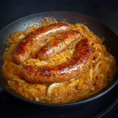 Saucisses aux oignons, moutarde & vin blanc