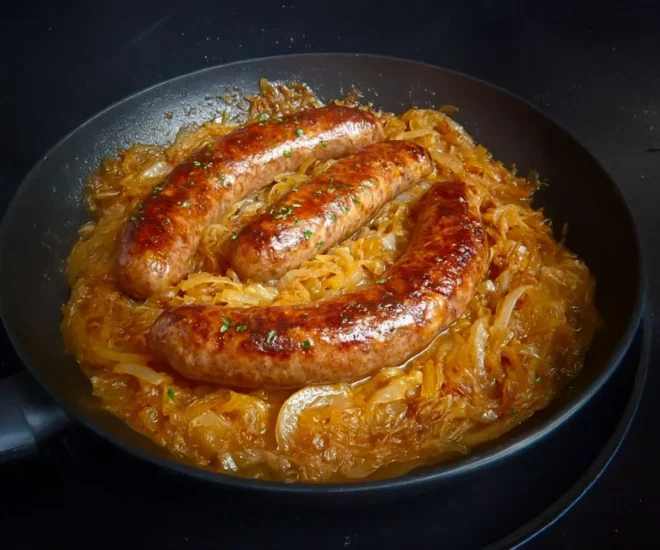 Saucisses aux oignons, moutarde & vin blanc : le plat rustique et savoureux qu’on adore ! 🌭🧅
