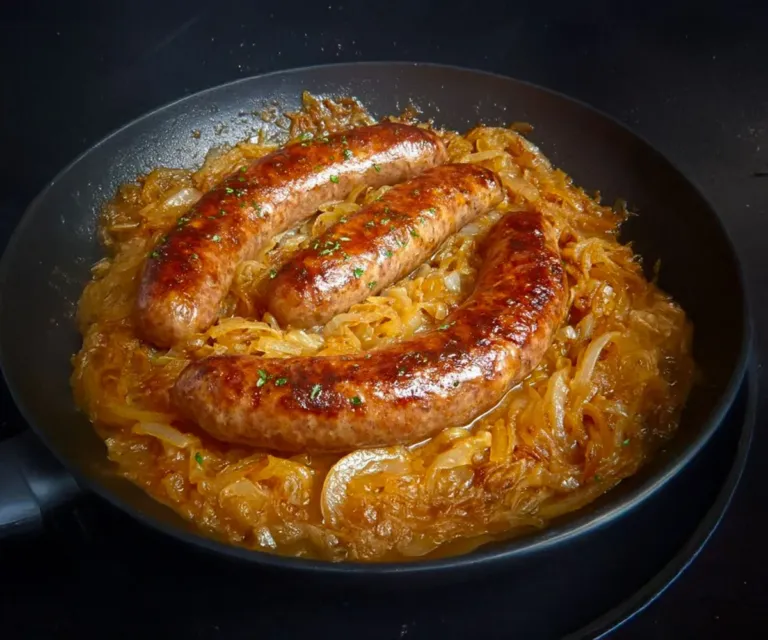 Saucisses aux oignons, moutarde & vin blanc : le plat rustique et savoureux qu’on adore ! 🌭🧅