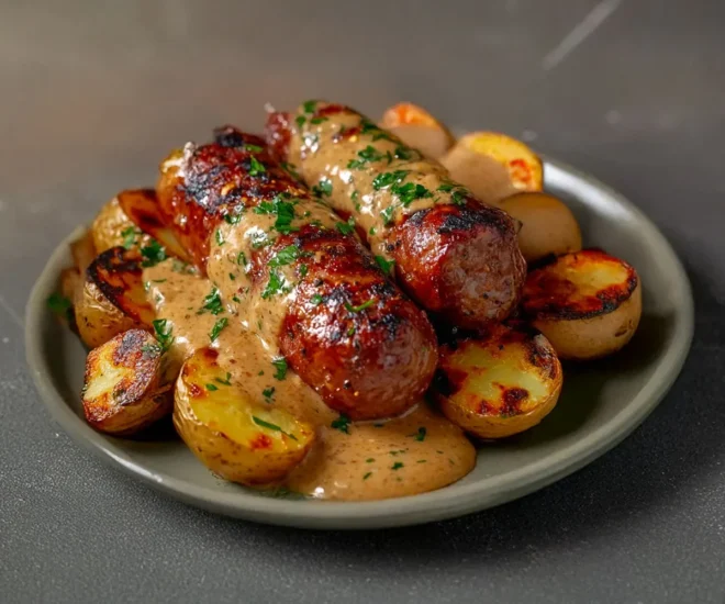 Andouillette grillée sauce moutarde & pommes grenailles rôties