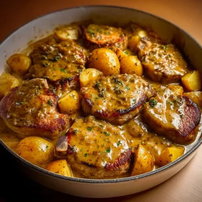 Côtelettes de porc aux pommes, sauce onctueuse
