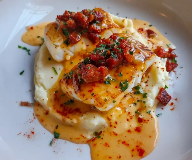 Dos de cabillaud à la crème de chorizo et écrasé de pommes de terre
